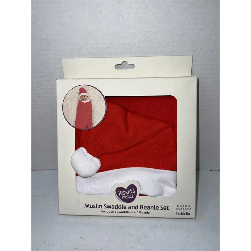 Parent's Choice Muslin Swaddle and Beanie Set Santa Swaddle Size NIB Christmas